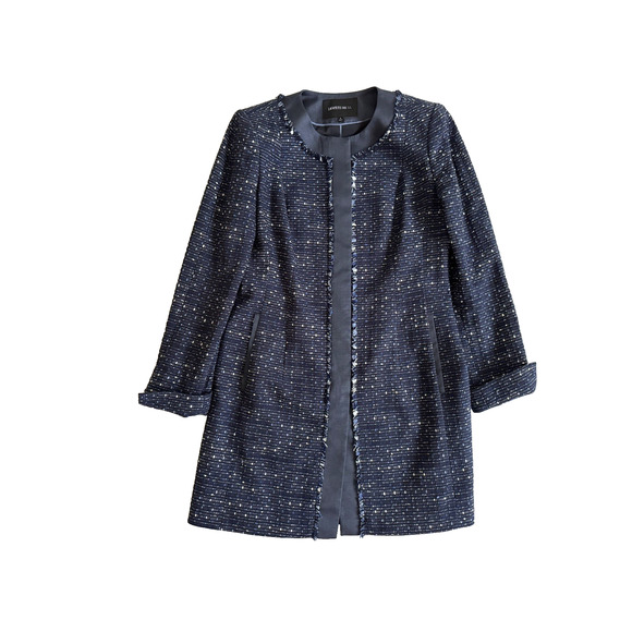 Lafayette 148 Coat Size 4 Blue White Boucle Cotton Woven Lined Longline Jacket